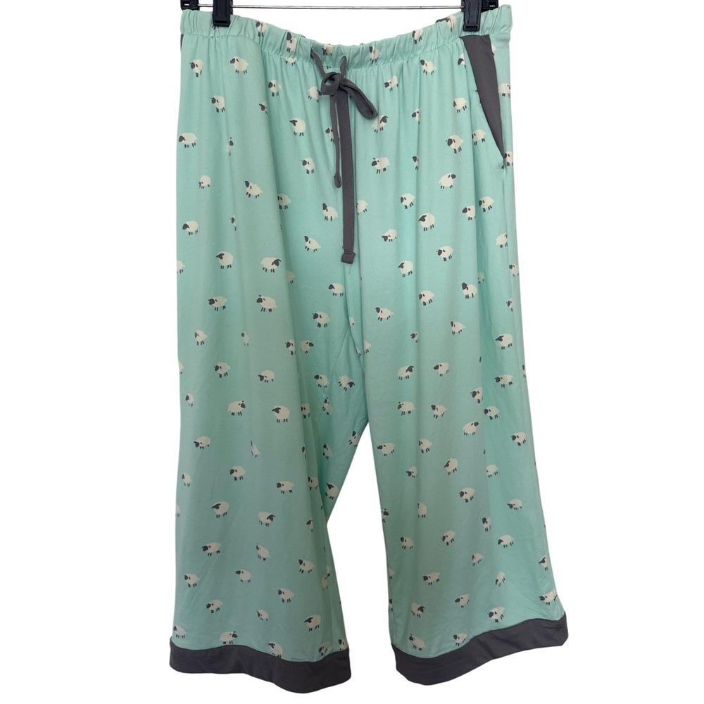 Munki Munki Pajama Set Womens XL Mint Green Sheep Print Short Sleeve Crop Pants - Picture 3 of 9